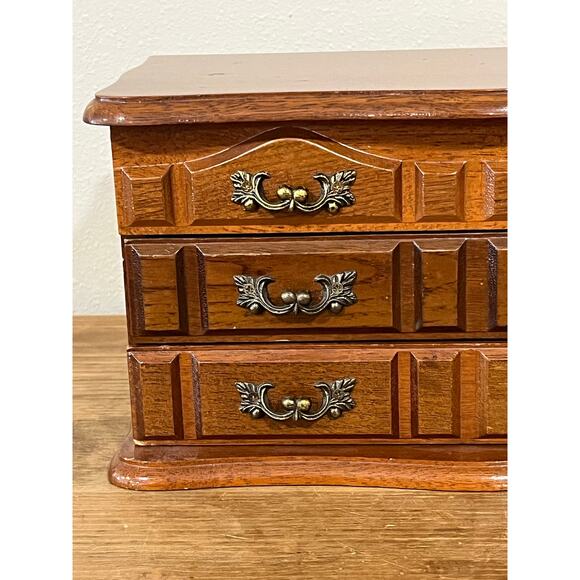 Vintage Wooden Jewelry Box Chest with Mirror 3 Drawers Felt Lined Ring Storage - Picture 5 of 16